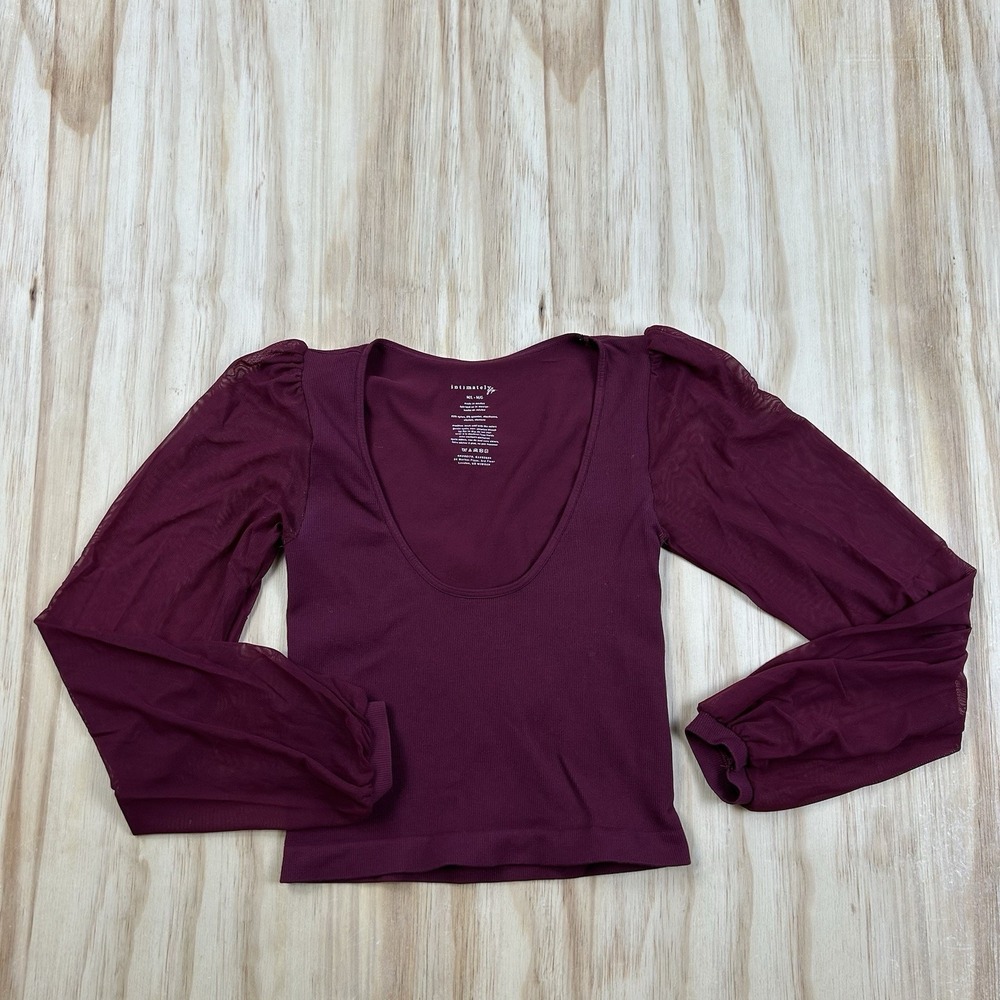Intimately Free People Womens M Red Fitted Crop Puff Long Sleeve Sheer Top